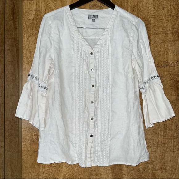 JM COLLECTION Women’s Linen Crochet-Trim‎ Bell-Sleeve Blouse Size 12 - Picture 1 of 7